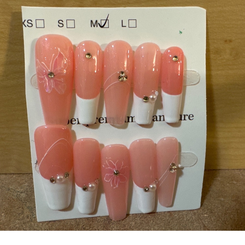 Pink Butterfly Press On Nails Medium Coffin French Tip Rhinestone Pearl Size M